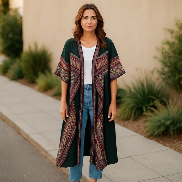 World Market Bohemian Embroidered Long Open Front Kimono Duster Aztec One Size - Picture 10 of 10